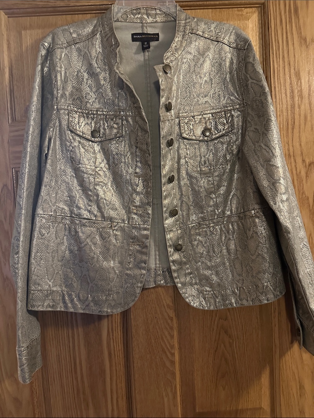 Dana Buchman Metallic Silvery Gold Snakeskin-Effect Jean Jacket